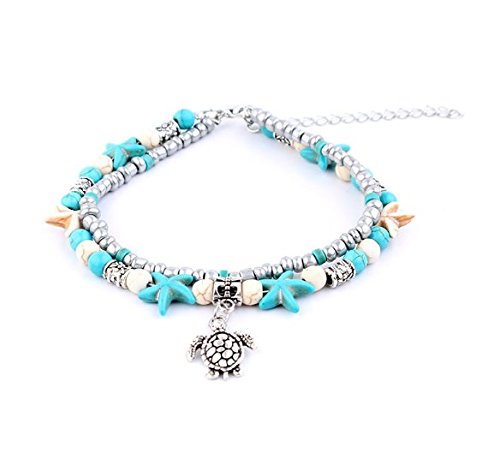 Anklet Dainty Beach Jewelry for Girls Multi-layer Charm Beads Boho Foot Starfish Turtle Gold Chain Bracelet for Women