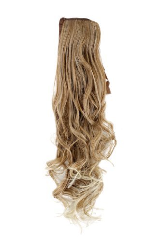 Hairpiece PONYTAIL (comb & ribbon wrap-around system) extension pigtail very long (24 inches) slightly CURLED wavy MIXED BLOND platinum ends YZF-1094HT-27T613