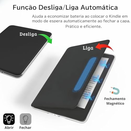 Capa Para Kindle Paperwhite 12ª Geração 7” (SA569P e SA568B) e Kindle Colorsoft (SA58CB e SA59CP) Auto Hibernação – Fechamento Magnético – Traseira Transparente (Preto)