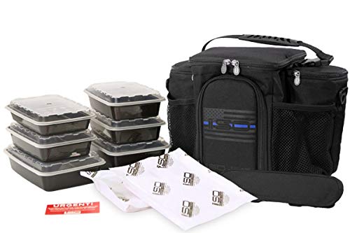 Meal-Prep-Insulated-Lunch-Bag-Isobag-3-Meal-Thin-Blue-Line-4-Fully-Insulated-Compartment-Meal-Management-System-Includes-6-Reusable-BPA-free-Containers-2-Ice-Packs-Padded-Shoulder-Strap