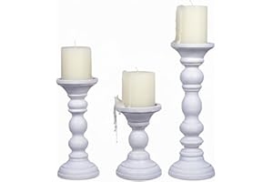 Mela Artisans Wooden Pillar Candle Holders | Willow Design | Set of 3 Mango Wood Candlesticks | Matte White | Sizes 6" & 9" & 12" | Table Decor | Centerpiece | Mantel | Wedding | Living Room Decor
