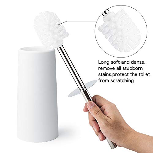 KEEGH Toilet Brush and Holder Modern Design Heavy Duty Stainless Steel Handle Compact Toilet Bowl Cleaner Set with Replacement Brush Head (White)