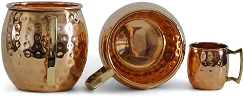 Set of 2 Moscow Mule Copper Barrel Mug 16 oz. with 1 FREE Copper Shot Mug – Pure Hammered Solid Copper Barrel Mug, Handmade with solid Brass Handle. NO inner lining and tarnish resilient outer finish