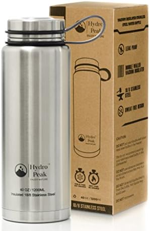 Hydro Peak 40oz Vacuum Double Wall, Stainless Steel Water Bottle with Insulated Stainless Lid, Keeps Hot to 12, Cold to 24 Hours, Perfect for Work, Office, School, Travel, Workouts &amp; Sports