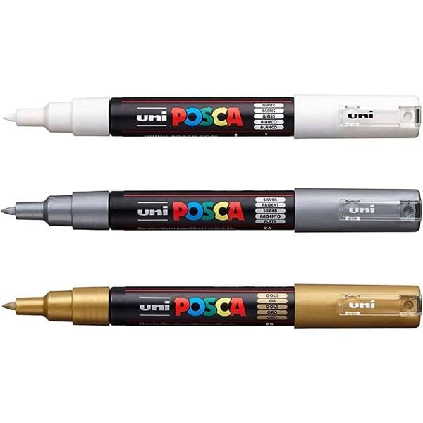Photo 1 of posca Authentic Marker Set, 3 White, Gold, & Silver Professional Grade Paint Markers with 1M Extra Fine Tip