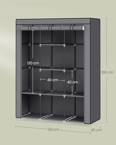 Armadio di Tessuto, Guardaroba Portatile, Organizzatore Porta Abiti con Copertura in Tessuto Non Tessuto, Appendiabiti, Ripiani, 45 x 130 x 168 cm, Alto Portante, Grigio Tortora RYG096G01