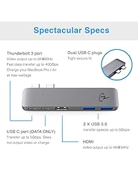 USB C Hub para Apple MacBook Air 2018, MacBook Pro 2018, 2017, 2016, adaptador USBC, certificado Premium MacStick V con HDMI 4K, Thunderbolt 3, 5K60Hz, Tipo C, 2 USB 3.0, adaptador multipuerto, Dongle