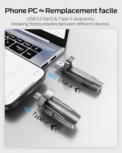 MOVE SPEED 1TB Flash Drive, External SSD with 1000MB/s Read Write Speed, USB 3.2 Gen2+Type C Dual Port Portable SSD, Thumb Drive for iPhone 15, 16, 17 Series/MacBook/Android Phone/Audio etc(1 Pack)