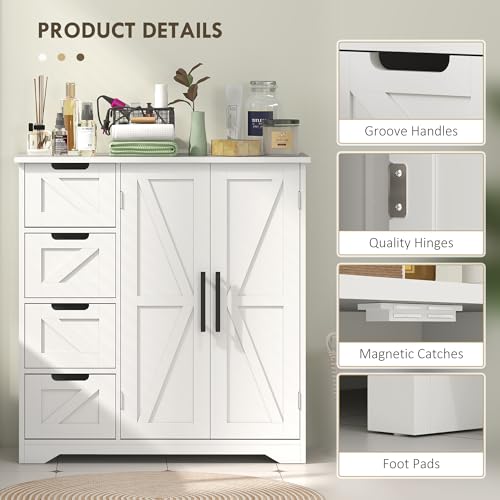 HOMCOM Bathroom Floor Cabinet, Farmhouse Bathroom Storage Cabinet with Barn Doors and Adjustable Shelf, White
