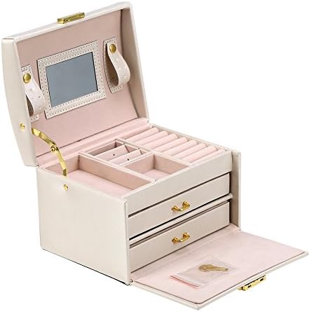 NXhome 3-Layer Girls Leather Jewelry Box and Jewelry Organizer Watch Storage Lockable Jewelry Organizer Mirrored Storage Case for Women (White)