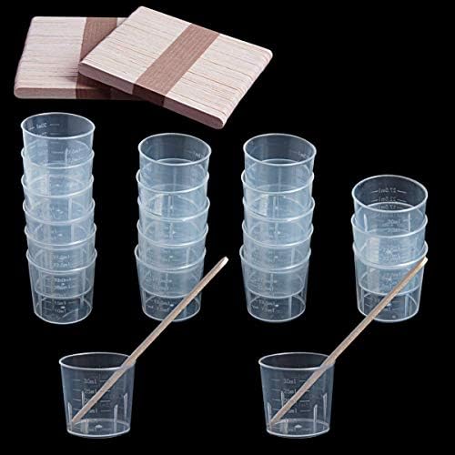 60 Pack 30ml Clear Graduated Plastic Cups Measuring Cups with 100 Pack Wood Stir Sticks for Mixing Paint, Stain, Epoxy, Resin