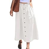 chouyatou Women's High Waisted Button Front Skirt A-Line Pleated Cotton Midi Long Skirt with Pockets