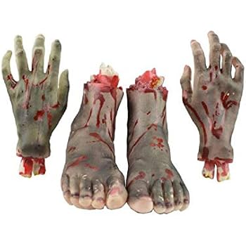 XoYo Halloween Body Parts, 4 Pieces(Feet & Hands) (Black), Halloween Scary Cut Off Bloody, Horror Hand &Feet, Scary Realistic Broken Exposed Bone Hands & Feet, Halloween Prank Trick
