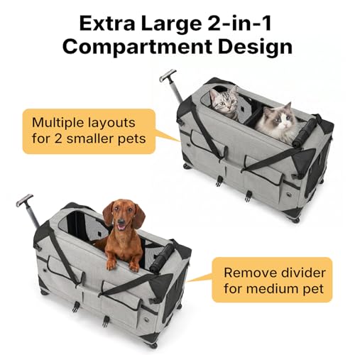 Veehoo Large Pet Carrier with Wheels for 2 Cats, Extra Long 76cm Foldable Rolling Cat Carrier with Removable Divider & Telescopic Handle, Soft-Sided Pet Travel Carrier for 2 Small Dogs, 76× 38× 51 cm