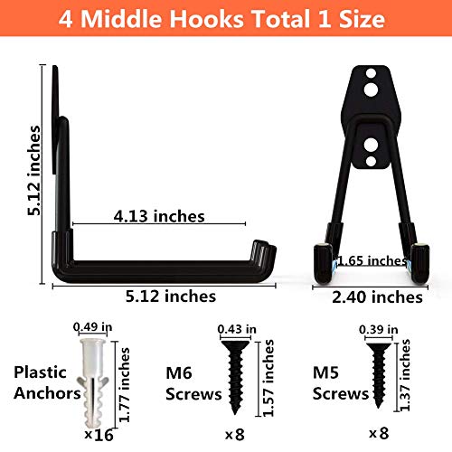 Wall Mounted Heavy Duty Double Clip U Shape Utility Tools Hooks with Anti-Slip Coating for Home Garage Storage Organizer Garden Tools Shovels Chair Hose (4 Pack Black Square Hook Middle)
