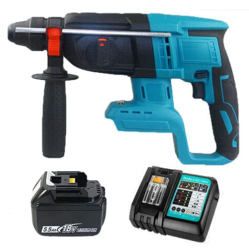 Bohrhamme Akku für Makita 18V für SDS-Plus Bürstenloser Kupfermotor 360° drehbarer Griff bürstenloser Motor 4 Modi Blau Mit 5.5Ah Akku und DC18RC Ladegerät für Makita