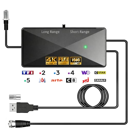 TV Antenna Amplifier, USB Powered, High Gain 25dB, Signal Booster for TNT/DVB-T2, Compatible Indoor and Outdoor Antenna, Reception Enhancement (Black)