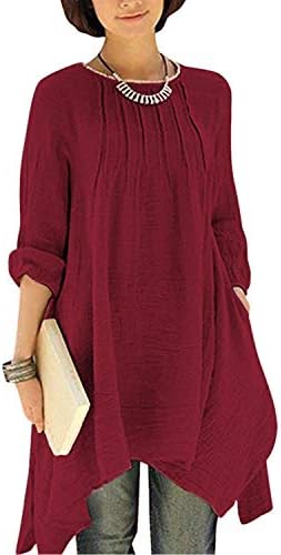Gikim Women's Plus Size Casual Long Sleeve Linen Cotton Irregular Dress with Pockets