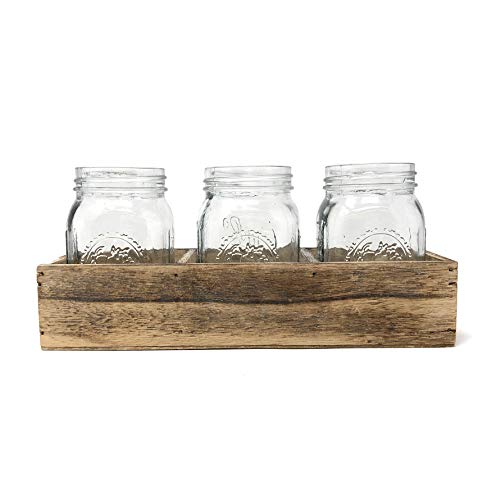 Flatware Caddy Cutlery Holder Utensil Organizer with 3 Glass Mason Jars in Farmhouse Rustic Style Wood Tray For Silverware Display on Kitchen Countertop, Dining Table and Party (Rustic Wood)