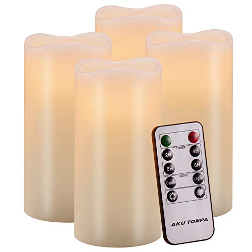Aku Tonpa Flameless Candles Battery Operated Pillar Real Wax Flickering Electric LED Candle Gift Set with Remote Control Cycling 24 Hours Timer, Warm White Lights, 3"x6" Pack of 4