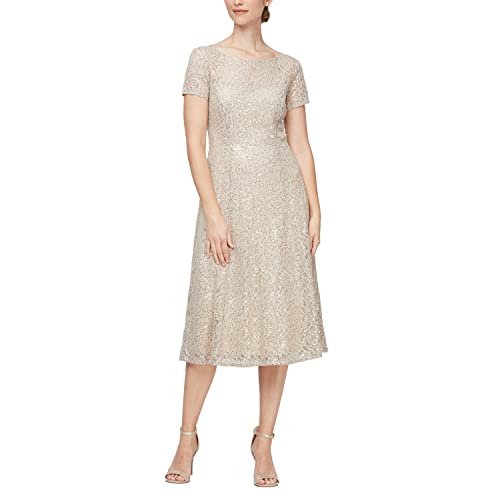 S.L. Fashions Women’s Tea Length Cap Sleeve Sequin Lace A-Line Dress, Champagne