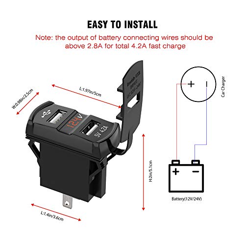 12V/24V USB Charger Socket Rocker Switch Dual USB Car Power Outlet with Red LED Voltmeter Marine Cigarette Lighter Adapter Waterproof 4.2A Fast Charge for Boat Motorcycle ATV RV Truck