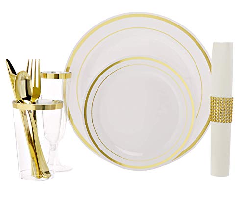 Plastic Dinnerware Set – TrueLook Tableware! 24 Disposable Plates, Cups, Flutes, Napkins, Napkin Rings and Silverware - White and Gold Plastic Plates for Parties, Wedding, Fancy Dinner Occasions - Thumbnail 4