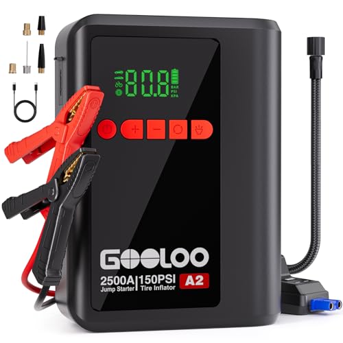 GOOLOO Arrancador de batería A2 8 en 1 con compresor de Aire, 2500 A (hasta 8 L de Gasolina/6 L de diésel), inflador de neumáticos inalámbrico de 150 PSI con Apagado automático