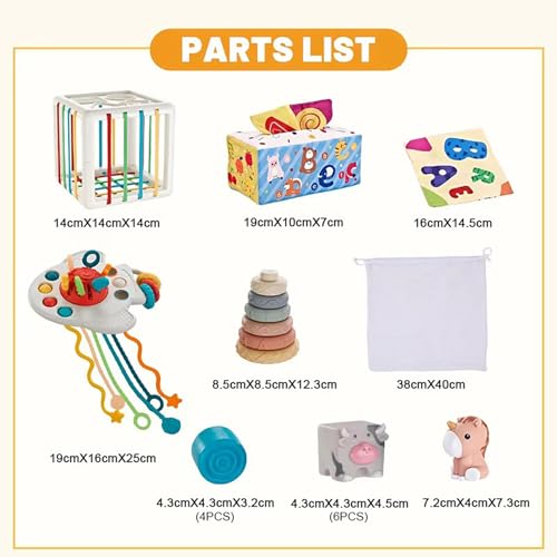 AM ANNA Montessori 6 in 1 Baby Toys for 6-12 Months - Infant Sorter Sensory Bins for Toddlers 1-3, Stacking Blocks, Silicone Teething Toys, Pull String Toy for Boys & Girls - 34pcs