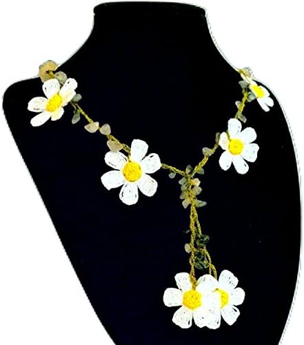 Crochet Daisy White Yellow Green Grey Long Beaded Pendant Necklace