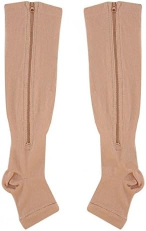 Zippered Medical Compression Socks With Open Toe - Best Support Zipper Stocking for Varicose Veins, Edema, Swollen or Sore Legs - Helps Foot Feet Knee Ankle Arch - 3 Pair, Beige Zipper Socks, SmMed