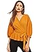 SheIn Women's Lantern 3/4 Sleeve V Neck Ruffle Blouse Tie Waist Wrap Peplum Top Medium Ginger