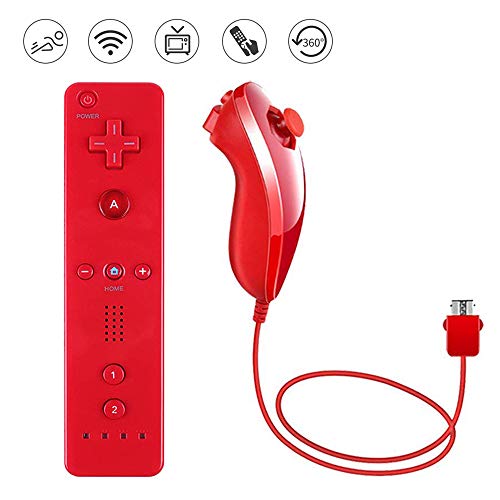 Lactivx 1 Pack Nunchuck and Wii Remote Controller Compatible with Nintendo Wii Wii U Console - with Silicone Case and Strap (Red)