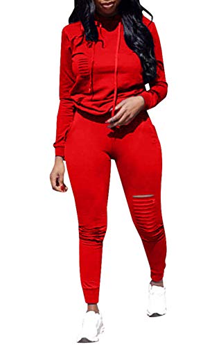 Ophestin Women Casual Long Sleeve Hoodies Ripped Top Skinny Long Pants Set Tracksuits 2 Piece Jumpsuits Outfits Red XL