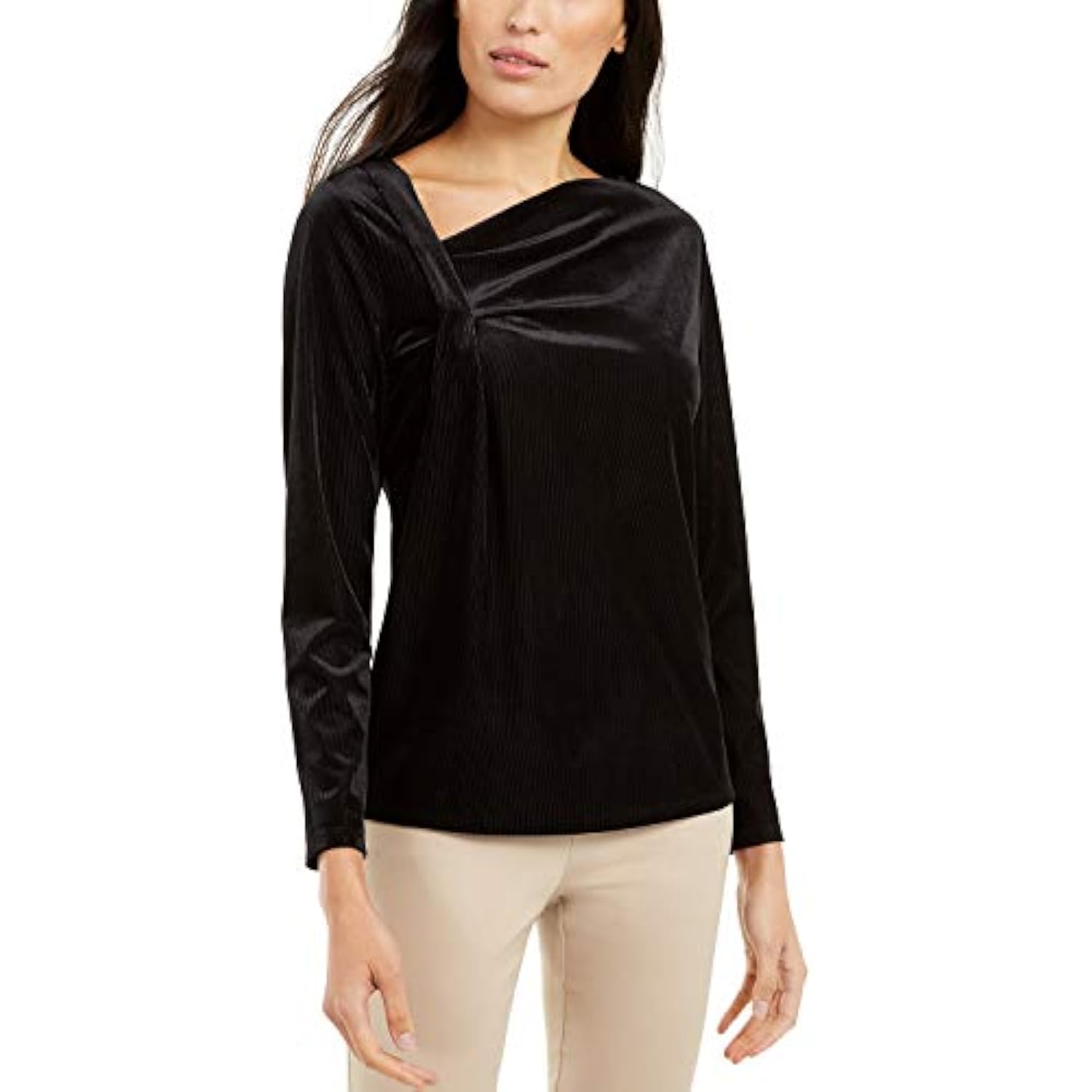 Alfani Women's Asymmetrical-Neckline Long Sleeve Velvet Top (Deep Black ...