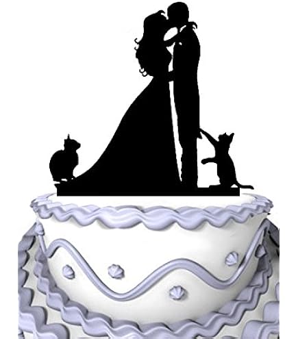 Bride And Groom With Cat & Dog Wedding Cake Topper - Black Acrylic Silhouette Decoration
