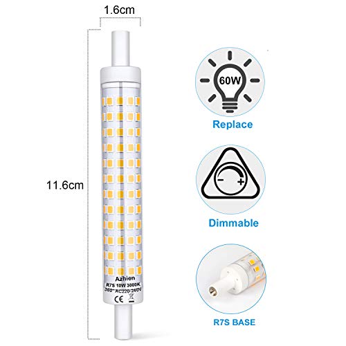 Azhien R7S LED 10W 118mm Lampadina a Doppio Effetto Lineare,Bianco Caldo 3000K,10 Watt,Equivalente a 48W 60W 75W 118mm Lampada Alogena,Dimmerabile, 230V AC, 1000LM,Confezione da 2