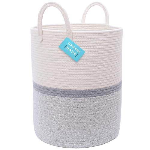 OrganiHaus Large Laundry Basket, Cotton Rope Storage Bin for Dirty Clothes & Toys, Woven Blanket Basket with Handles, Washing Baskets for Laundry, Nursery or Bedroom Decor - 38x45cm, Striped Grey