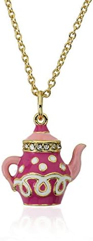 Molly Glitz Tea for Two 14k Gold-Plated Hot Pink & Pink Enamel Crystal Trimmed Tea Pot Pendant Necklace Accented With White Swirl Detail Brass 14"/2"
