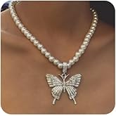 Chargances Silver Crystal Butterfly Choker Pearl Necklace for Women Boho Sparkly Butterfly Necklace for Women Gift