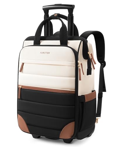 Rolling Puffer Backpack for Women, Travel Backpack with Wheels, 16 Inch Wheeled Laptop Backpack, Dual-Opening Design Overnight College Underseat Carry on Luggage, Roller Business Work Bag, Beige Brown