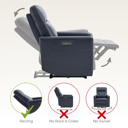 CHITA Genuine Leather Power Recliner Chair for Adults, Electric Wall Hugger Recliner for Small Spaces, Modern Living Room and RV Recliner Chair with Power Headrest & Charging Ports, Dark Blue