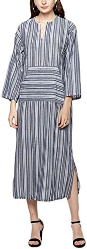 YOUBENGA Women's Plus Size Vertical Striped Cotton Linen Kaftan Maxi Dress Gray S