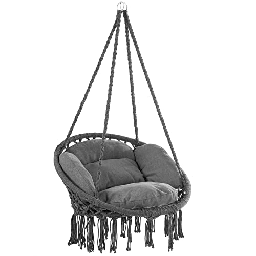 DETEX® Hängesessel bis 150kg Belastbar Boho Stil Wetterfest GS-Zertifiziert Garten 360° Drehbar Anthrazit Hängestuhl Indoor & Outdoor inkl. bequemer K