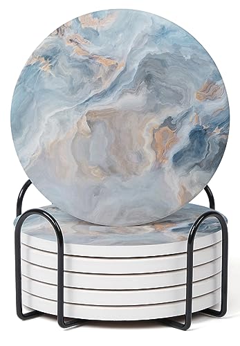Set of 6 Abstract Blue Marble Coasters with Holder, Absorbent Ceramic Coasters