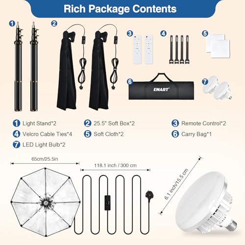 EMART Softbox Lighting Kit, 2 Pack 65x65cm Octagonal Soft Box Light with 135W LED Photo Bulbs, 3000K-6500K Dimmable Photography Continuous Lights for Portraits Video Product Shooting and Filming