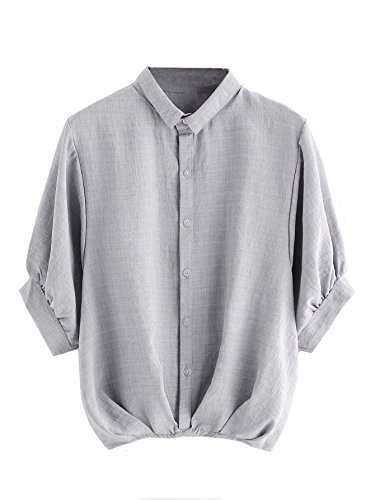 Milumia Women's Lantern Sleeve Pleated Detail Button Down Blouse Shirt Light Gray Medium