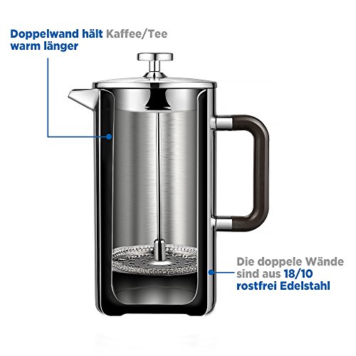 ecooe 1.5L French Press Kaffee Doppelwandiger Kaffeebereiter aus 18/10 Rostenfrei Edelstahl mit 3 Filtern Silber 1500ml – Bild 3