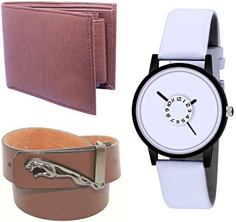 Stylish 3 Pcs Combo Gift Set of Brown & White Boy's Leather Belt, Wallet & Analog Watch - XF_WBW_528