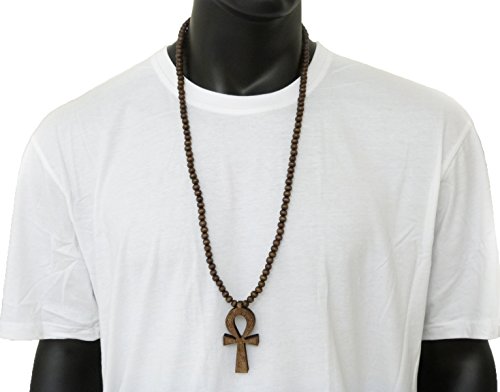 Fashion 21 Egyptian Ankh Cross Pendant 8mm 36" Wooden Bead Necklace Brown- Tone XJ217BRN